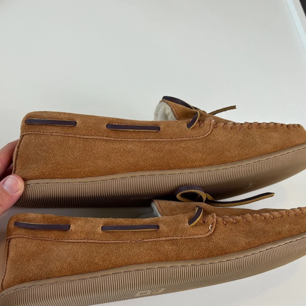J.Crew Tan Leather Slippers Moccasin Faux Fur‎ Lined Size 10 Men  Cozy
